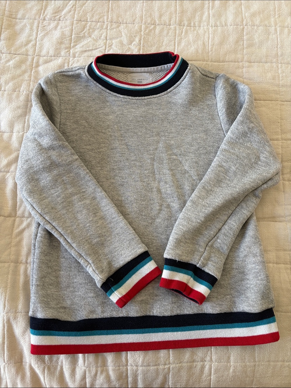 Sol Angeles Heather Gray Crewneck with Red, Navy & Teal Stripe Trim
